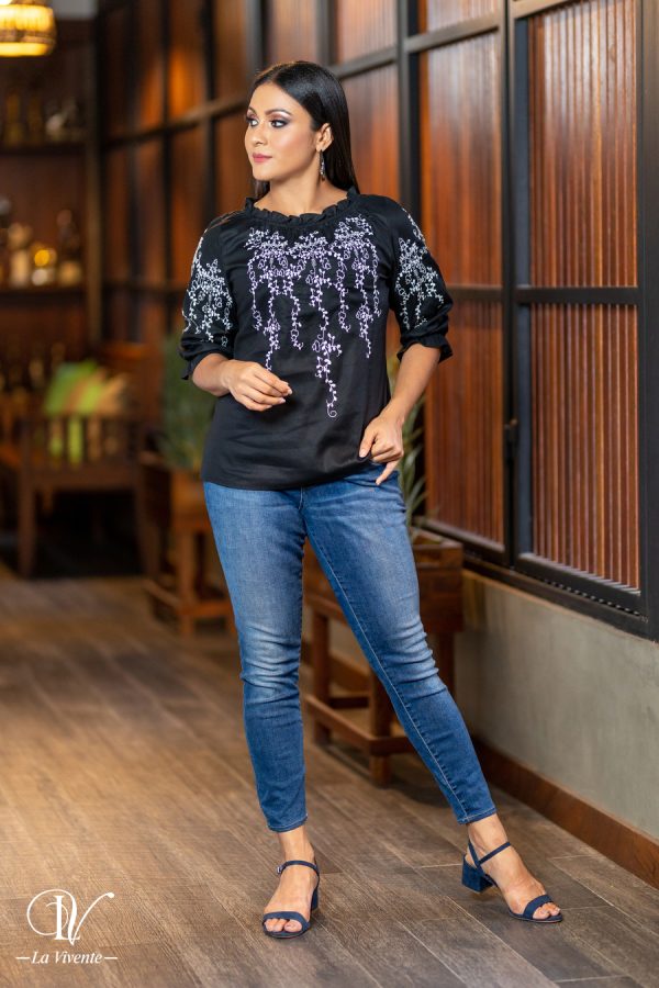 Black Linen Embroidery Blouse - Image 2