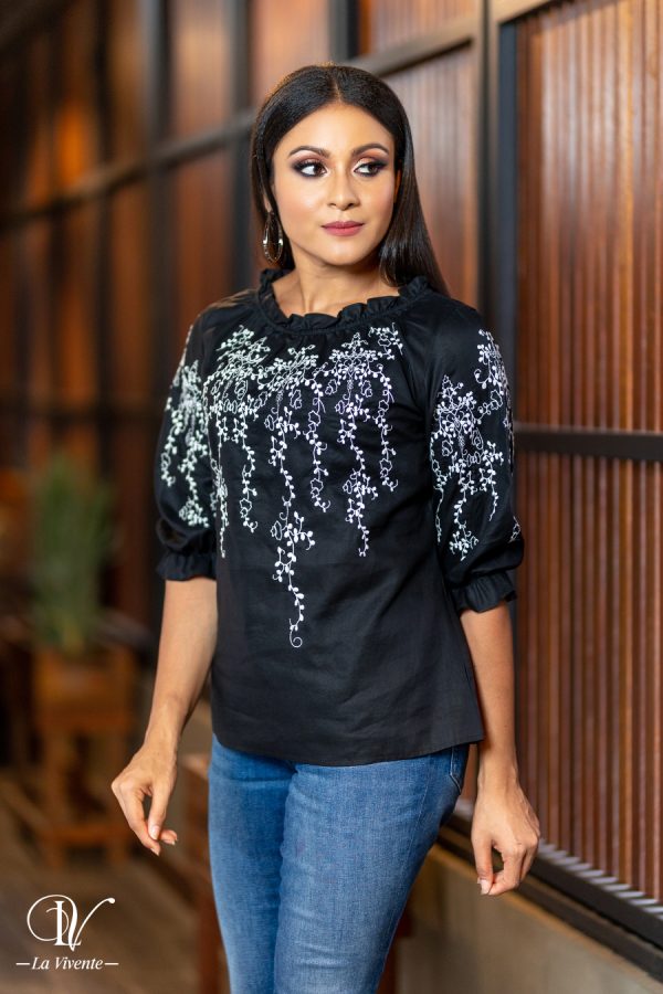 Black Linen Embroidery Blouse