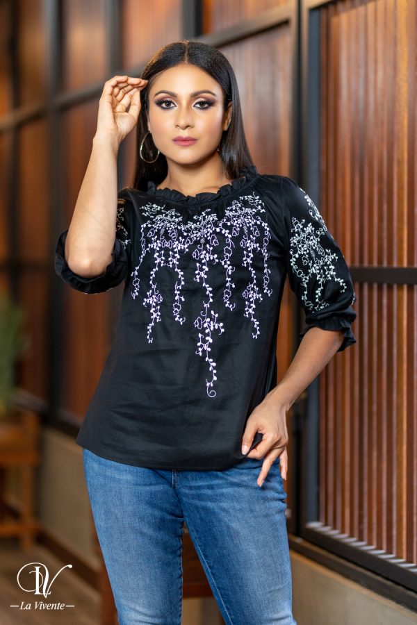 Black Linen Embroidery Blouse - Image 3