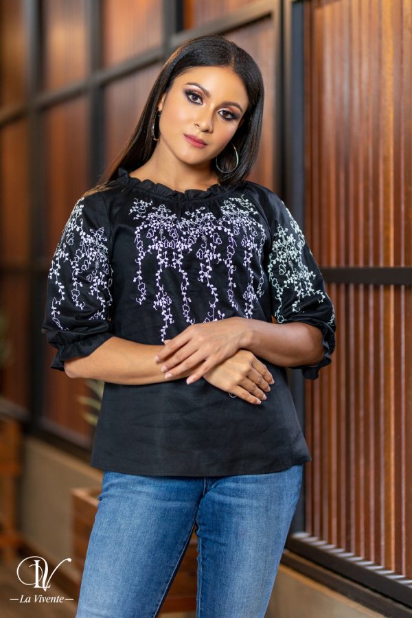 Black Linen Embroidery Blouse - Image 4