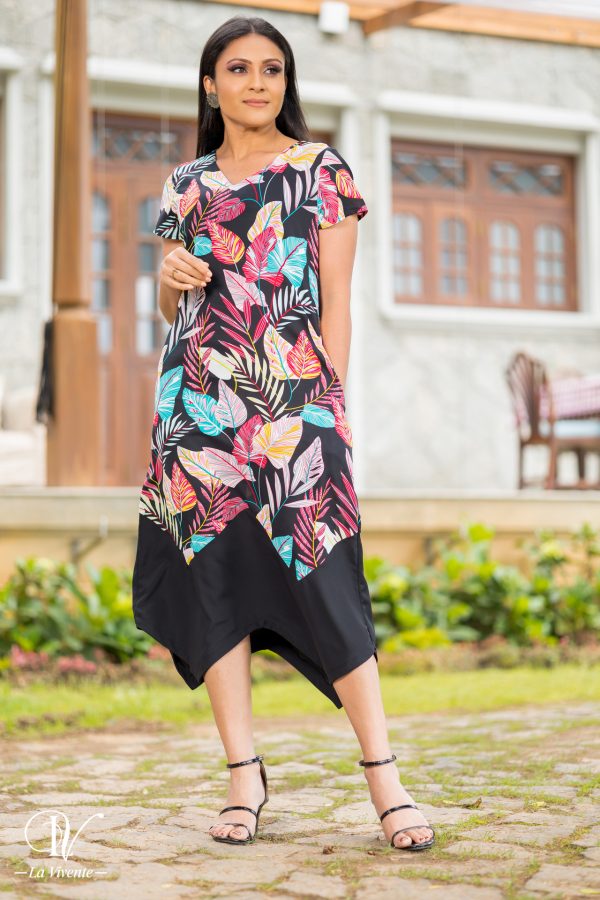 Printed Midi Dress With Zigzag Hem