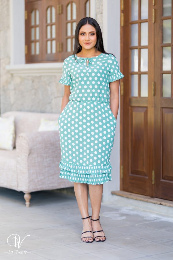 Polka Dot Hem Pleat Detail Dress - Image 5