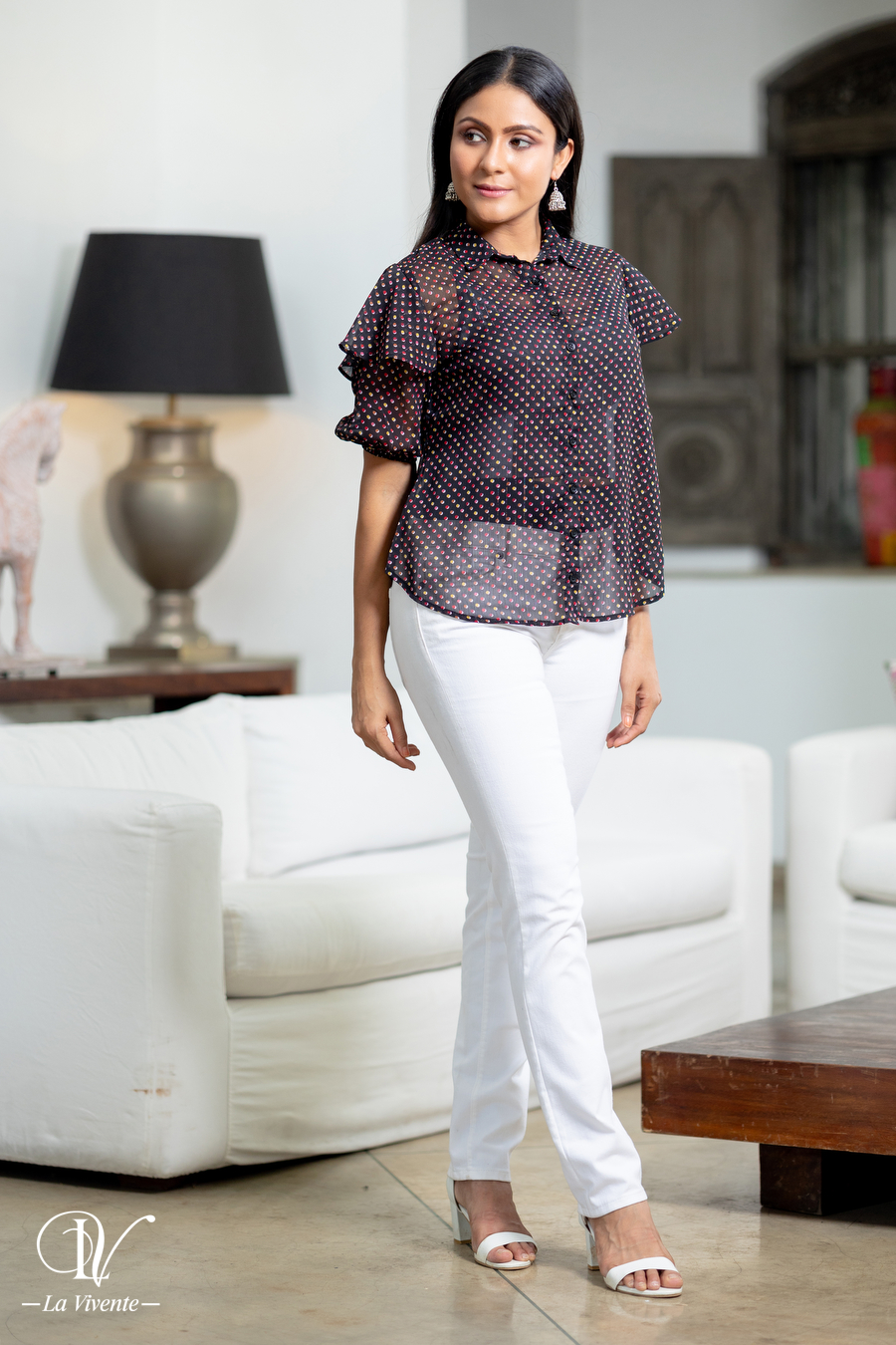 Dotted Frill Sleeved Shirt Top - Image 4