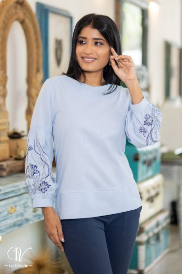 Striped Sleeve Embroidered Blouse Top