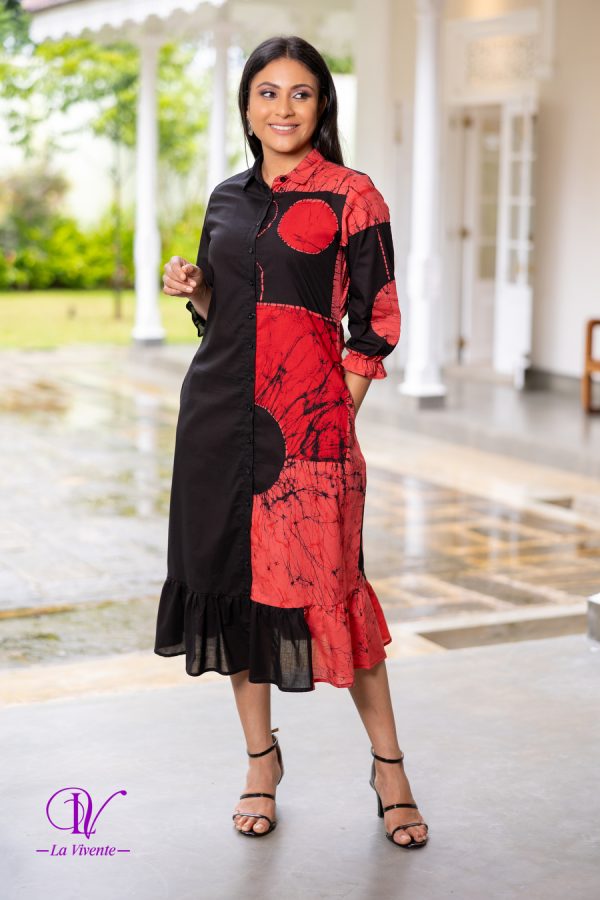 Two-tone Geometric Printed Frilled Hem Batik Midi Dress - Image 5