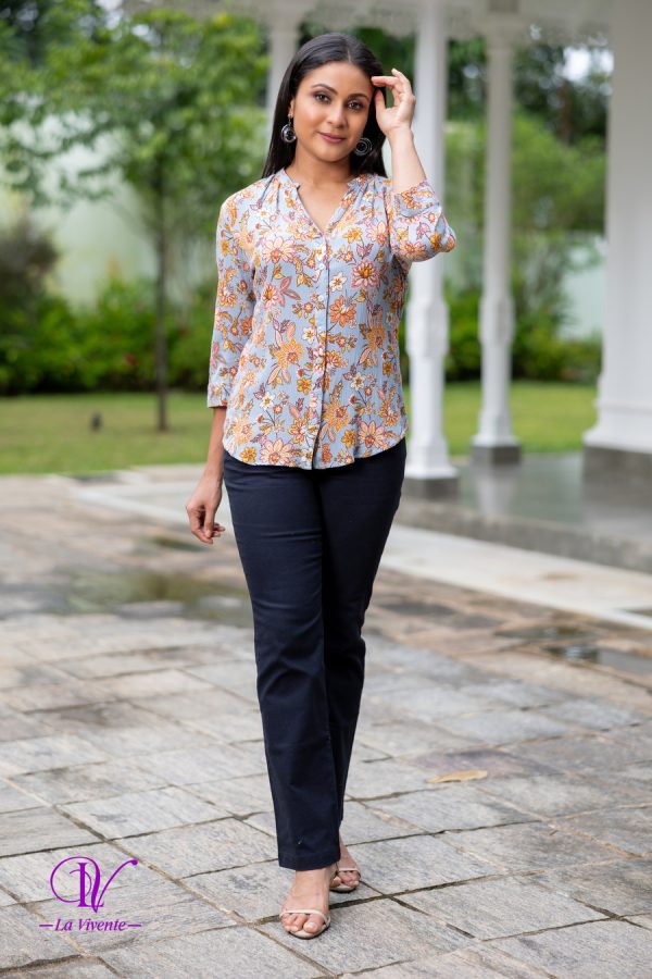 Floral Patterned Chinese Collared Shirt Blouse - Image 4