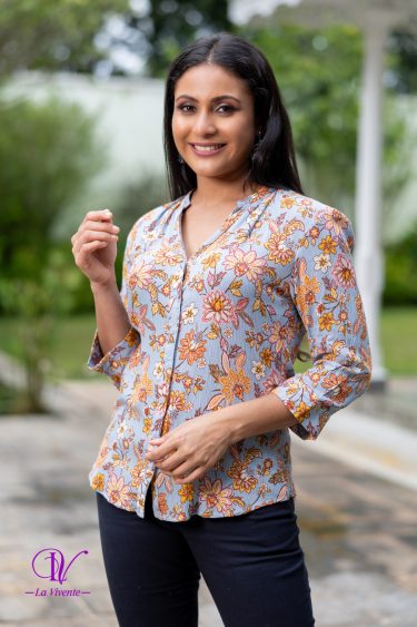 Floral Patterned Chinese Collared Shirt Blouse
