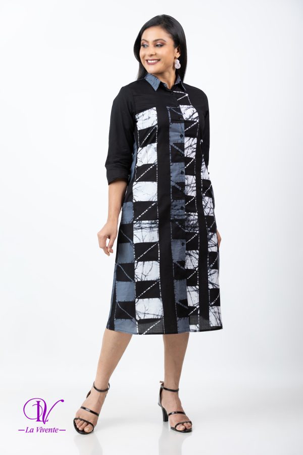 Square Patterned Batik Shirt Midi Dress - Image 3