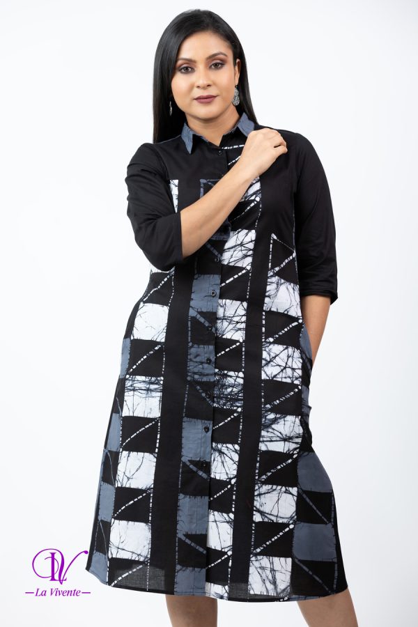 Square Patterned Batik Shirt Midi Dress
