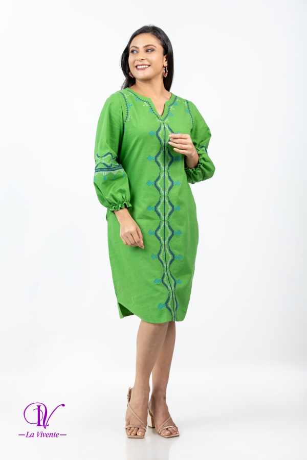 Geometric Embroidered Puff Sleeved Short Dress - Image 4
