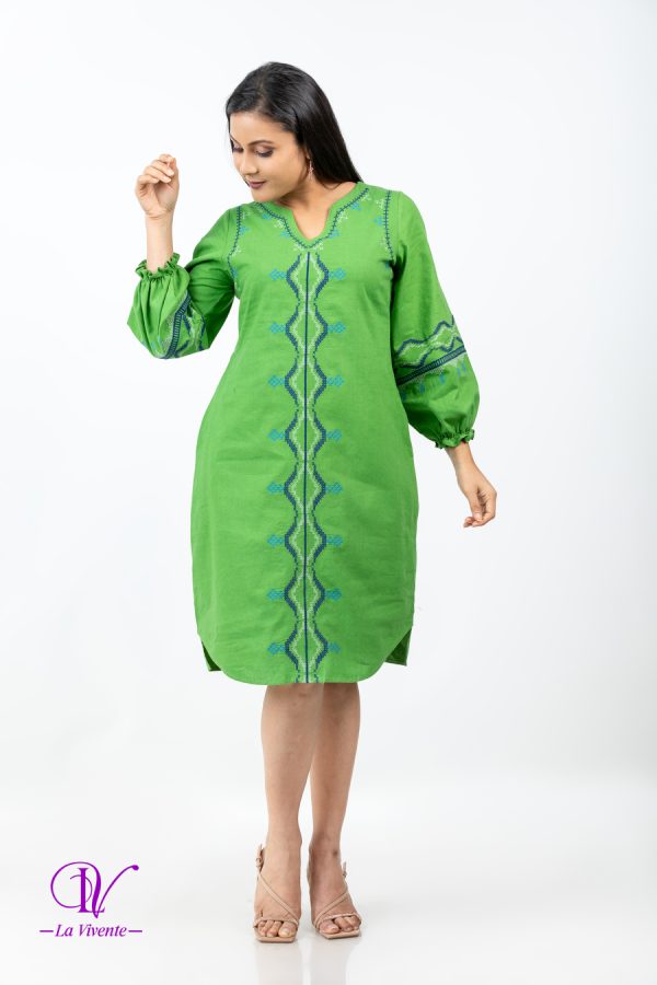 Geometric Embroidered Puff Sleeved Short Dress - Image 5