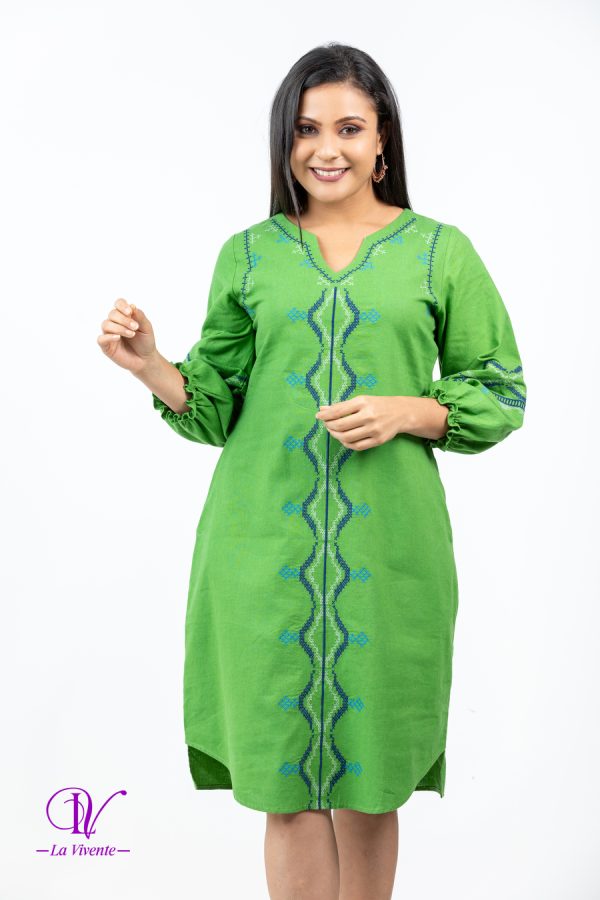 Geometric Embroidered Puff Sleeved Short Dress - Image 2