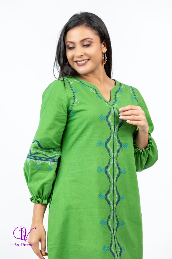 Geometric Embroidered Puff Sleeved Short Dress - Image 3