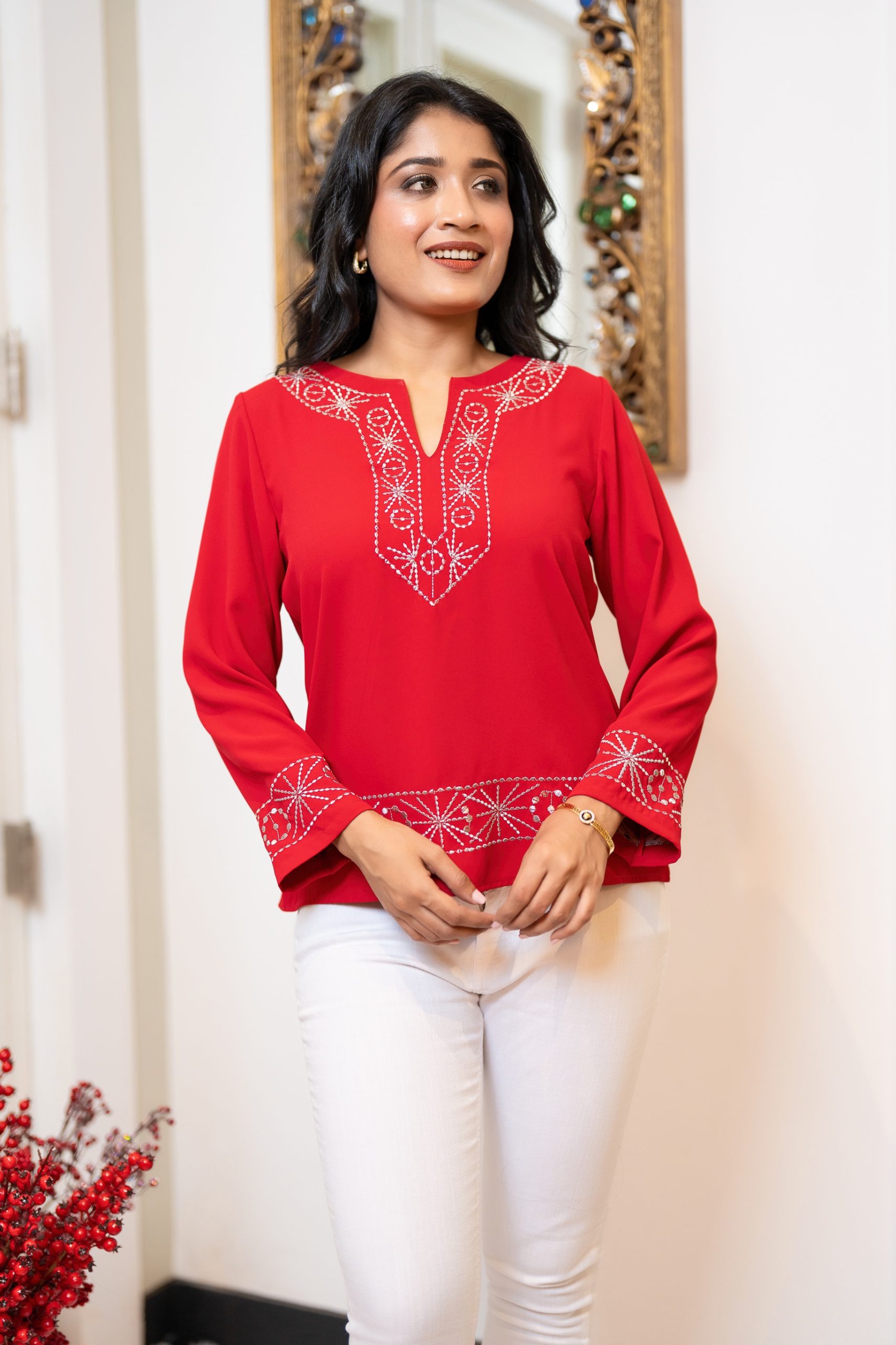 Silver Geometric Embroidered Notch-necked Evening Wear Top - Image 3