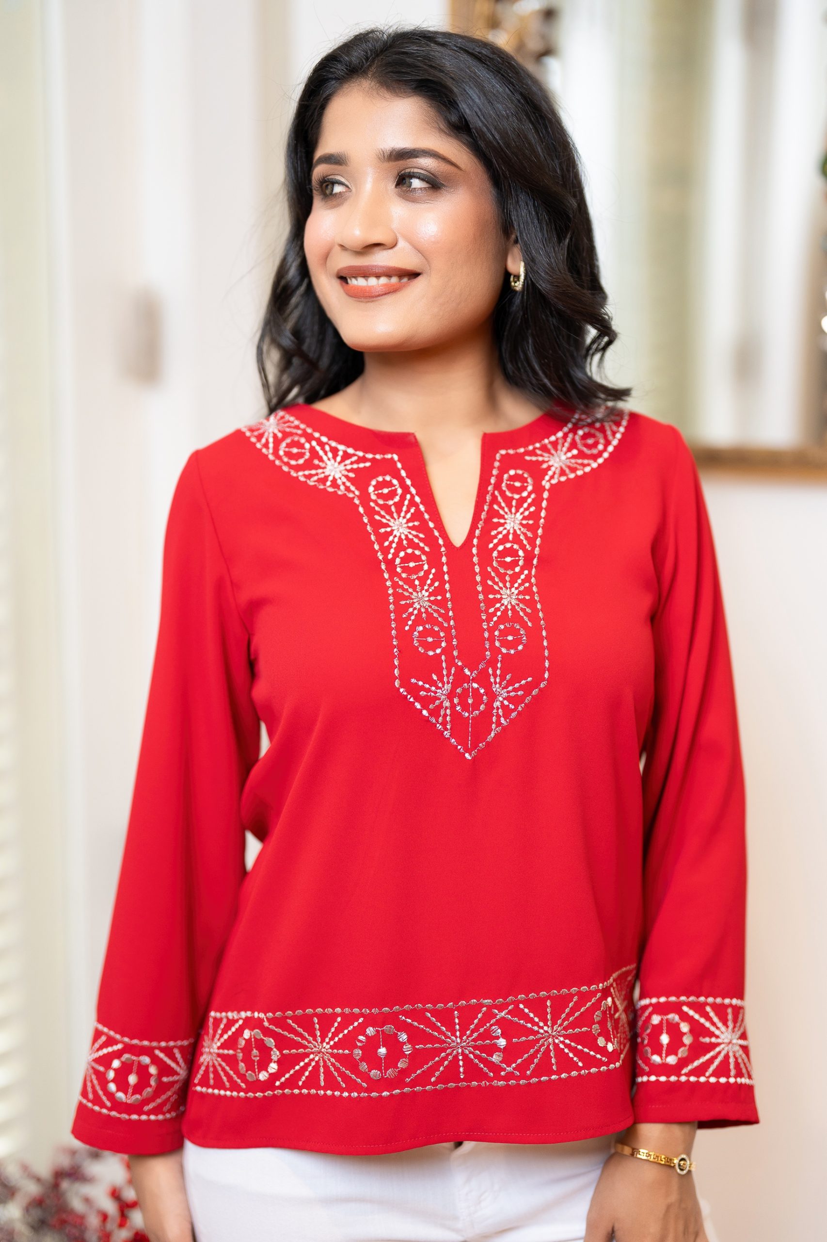 Silver Geometric Embroidered Notch-necked Evening Wear Top - Image 2