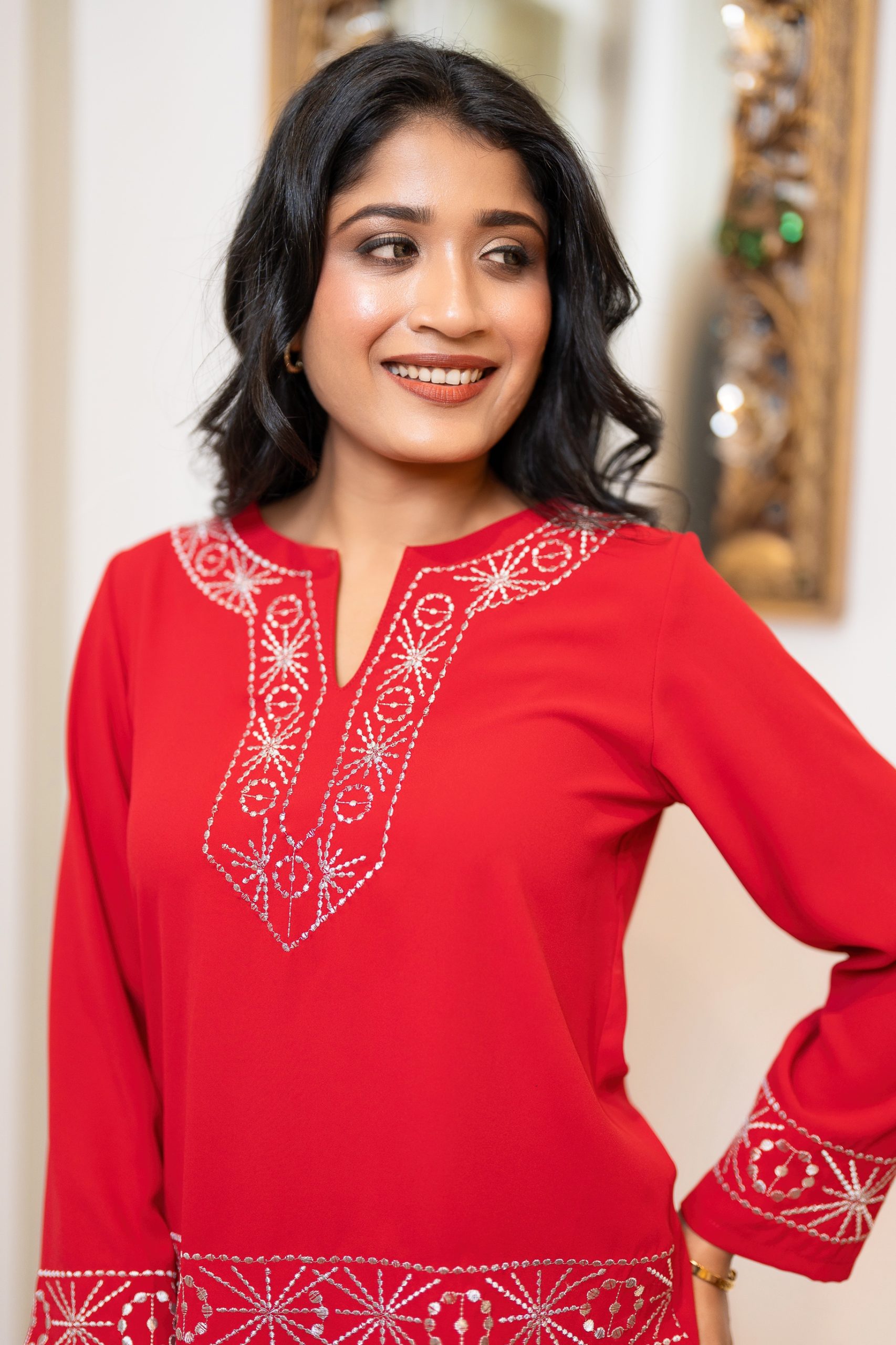 Silver Geometric Embroidered Notch-necked Evening Wear Top