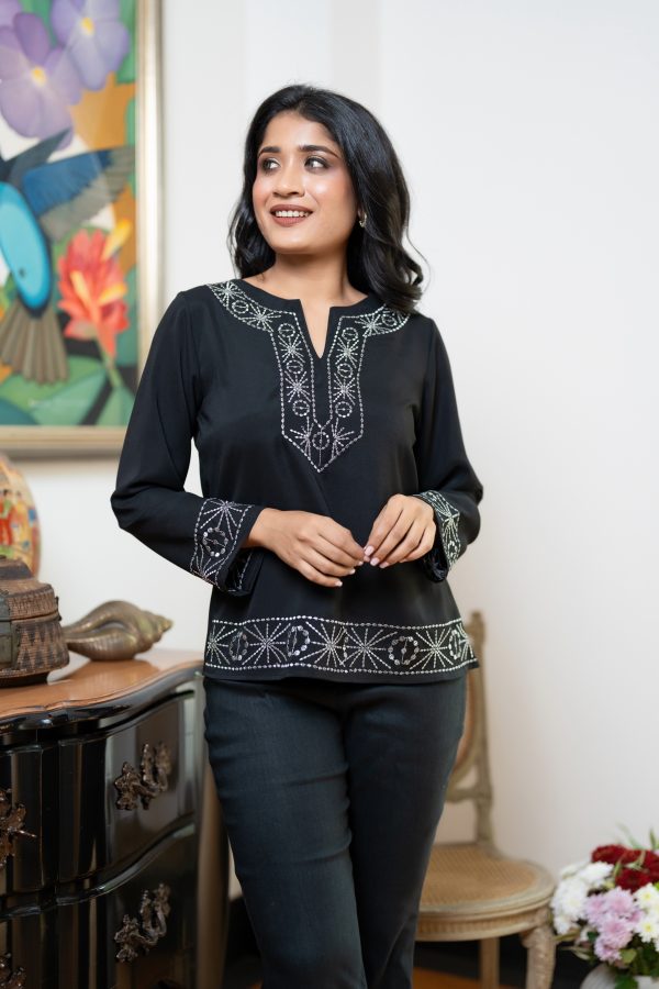Silver Geometric Embroidered Notch-Necked Evening Wear Top