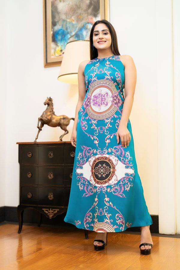 Baroque Patterned Sleeveless A-Line Maxi Dress