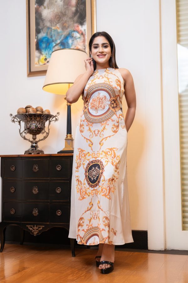 Baroque Patterned Sleeveless A-Line Maxi Dress