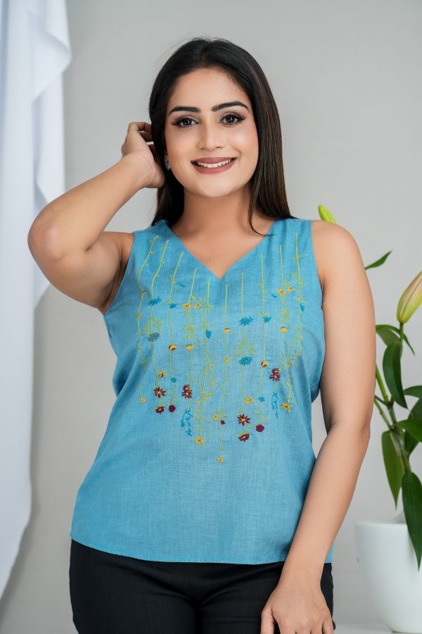 Floral Embroidered Sleeveless V-Necked Top - Image 2