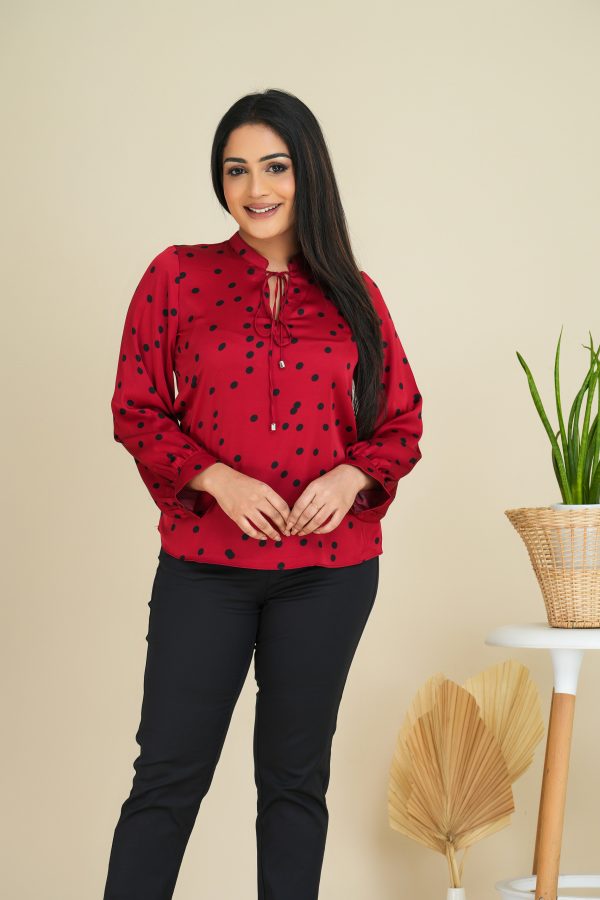 Polka Dot collar tie-up Long Sleeved Top