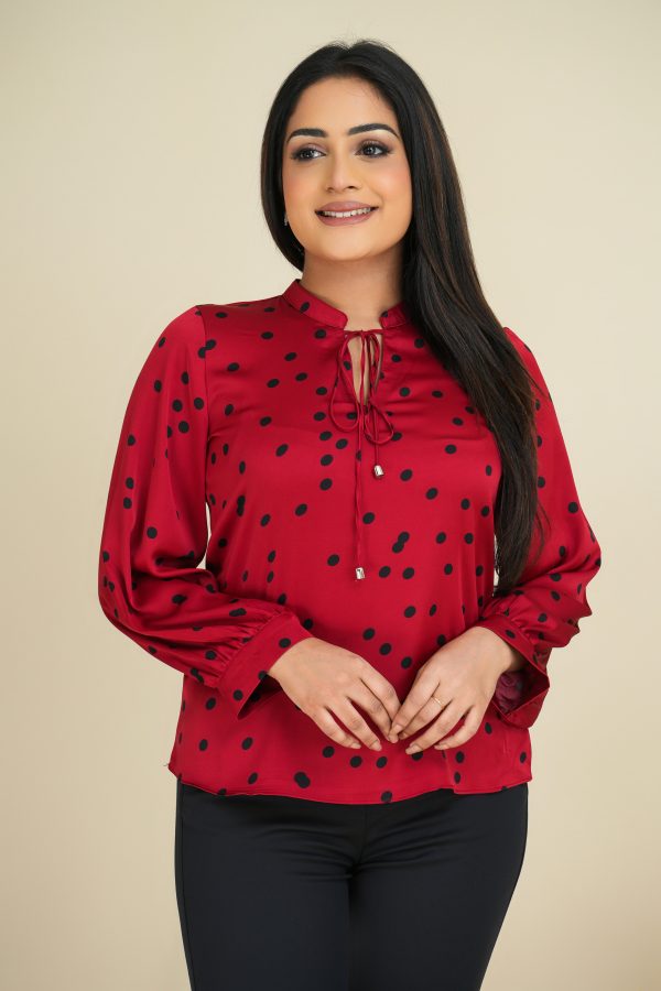 Polka Dot collar tie-up Long Sleeved Top - Image 2