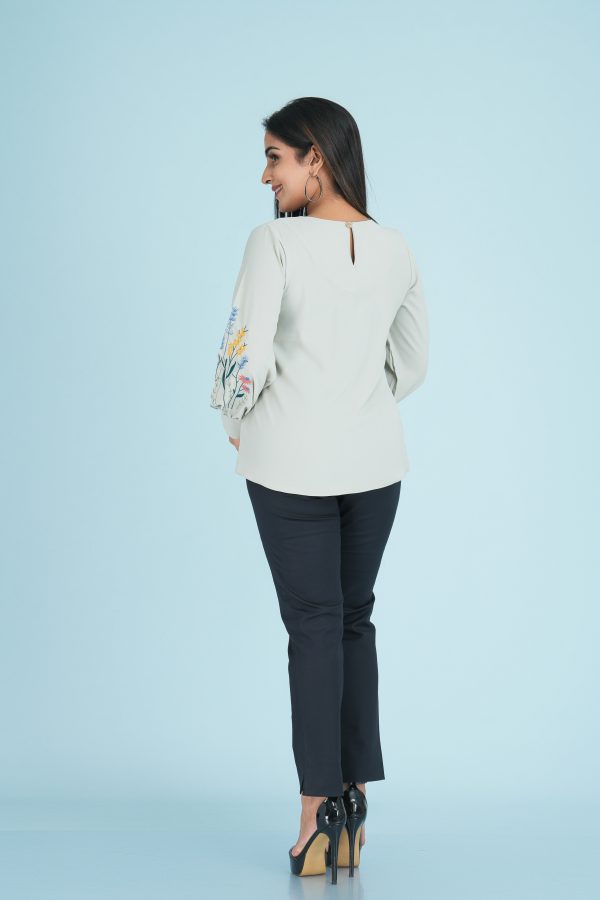 Sleeve Embroidered Jewel Necked Top - Image 3