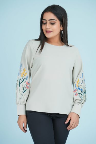 Sleeve Embroidered Jewel Necked Top