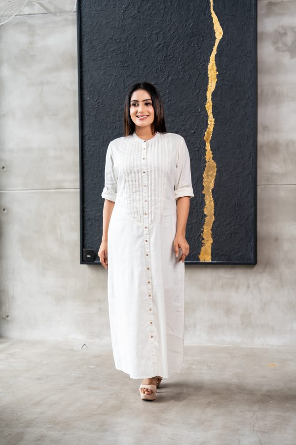 Pintuck Detailed Long Sleeved Button Up Maxi Dress - Image 5