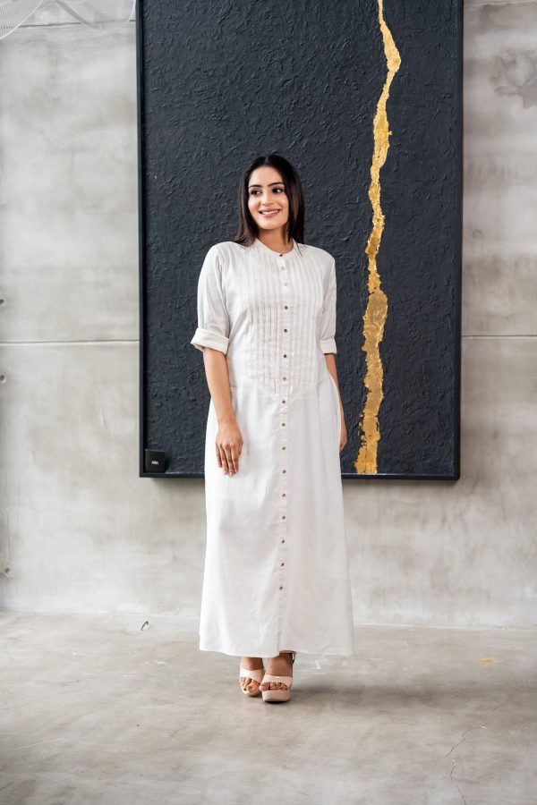 Pintuck Detailed Long Sleeved Button Up Maxi Dress - Image 4