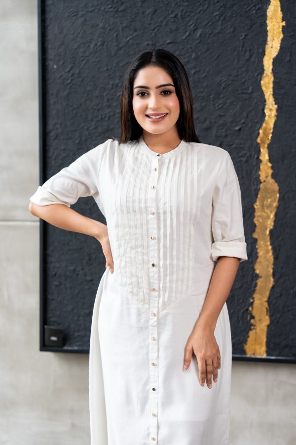 Pintuck Detailed Long Sleeved Button Up Maxi Dress - Image 3