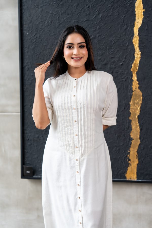 Pintuck Detailed Long Sleeved Button Up Maxi Dress - Image 2