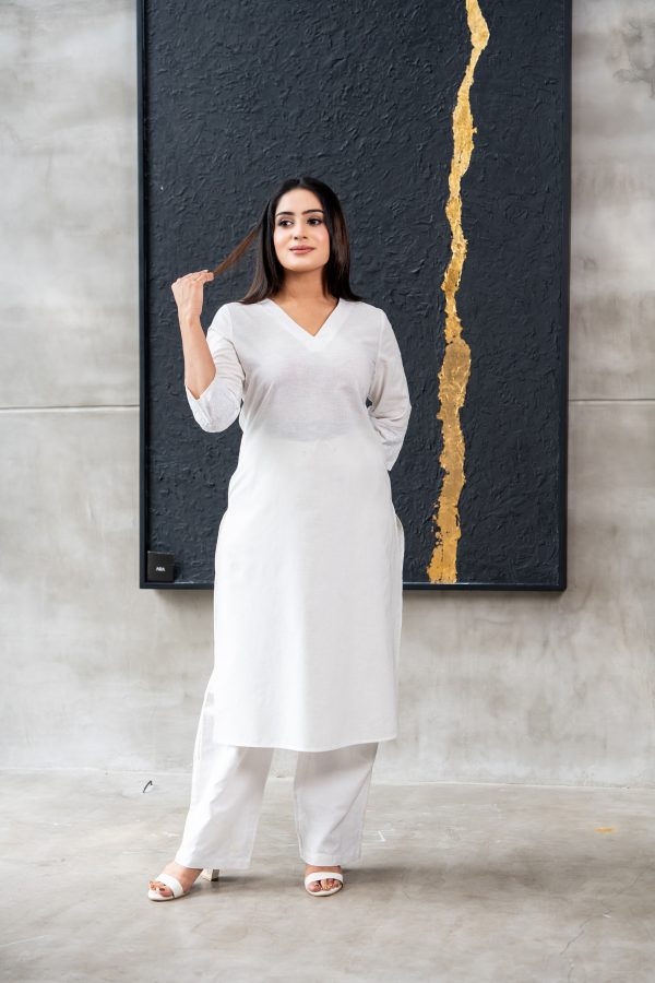 White-On-White Embroidered V-Necked Kurta - Image 2
