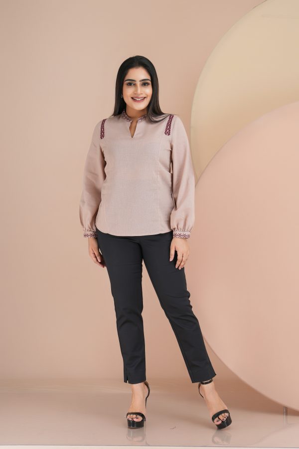 Shoulder Embroidered Chinese Collared Notch Neck Top - Image 3