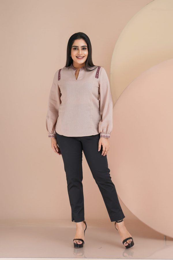 Shoulder Embroidered Chinese Collared Notch Neck Top - Image 3