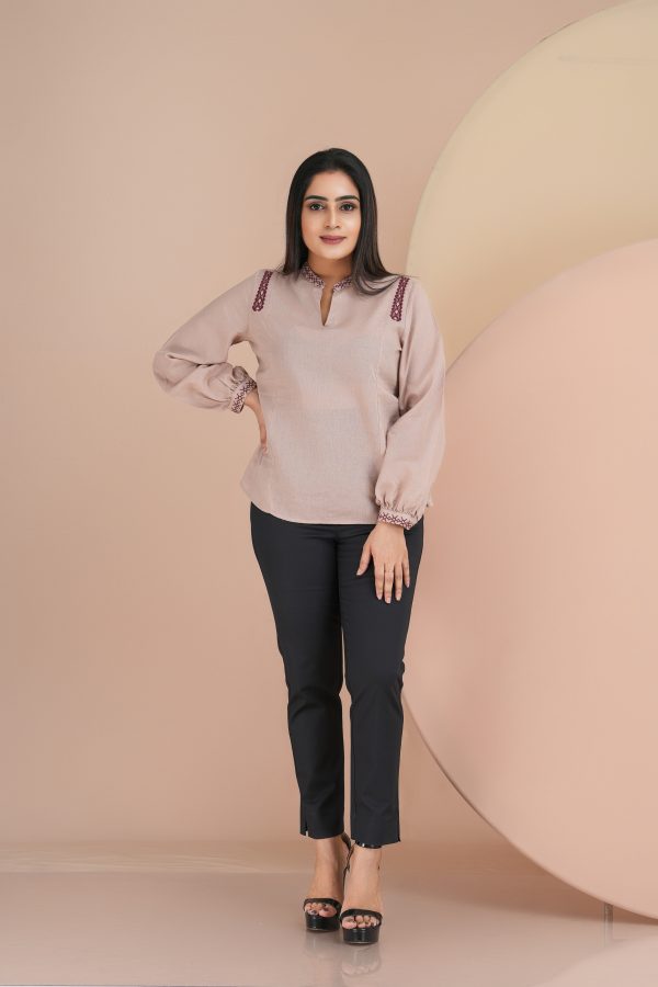 Shoulder Embroidered Chinese Collared Notch Neck Top - Image 2