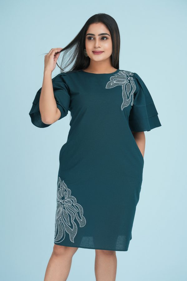 Embroidered Flare Sleeved Short Dress - Image 2