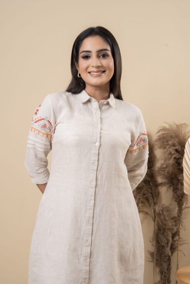 Sleeve Embroidered Button Up Shirt Dress