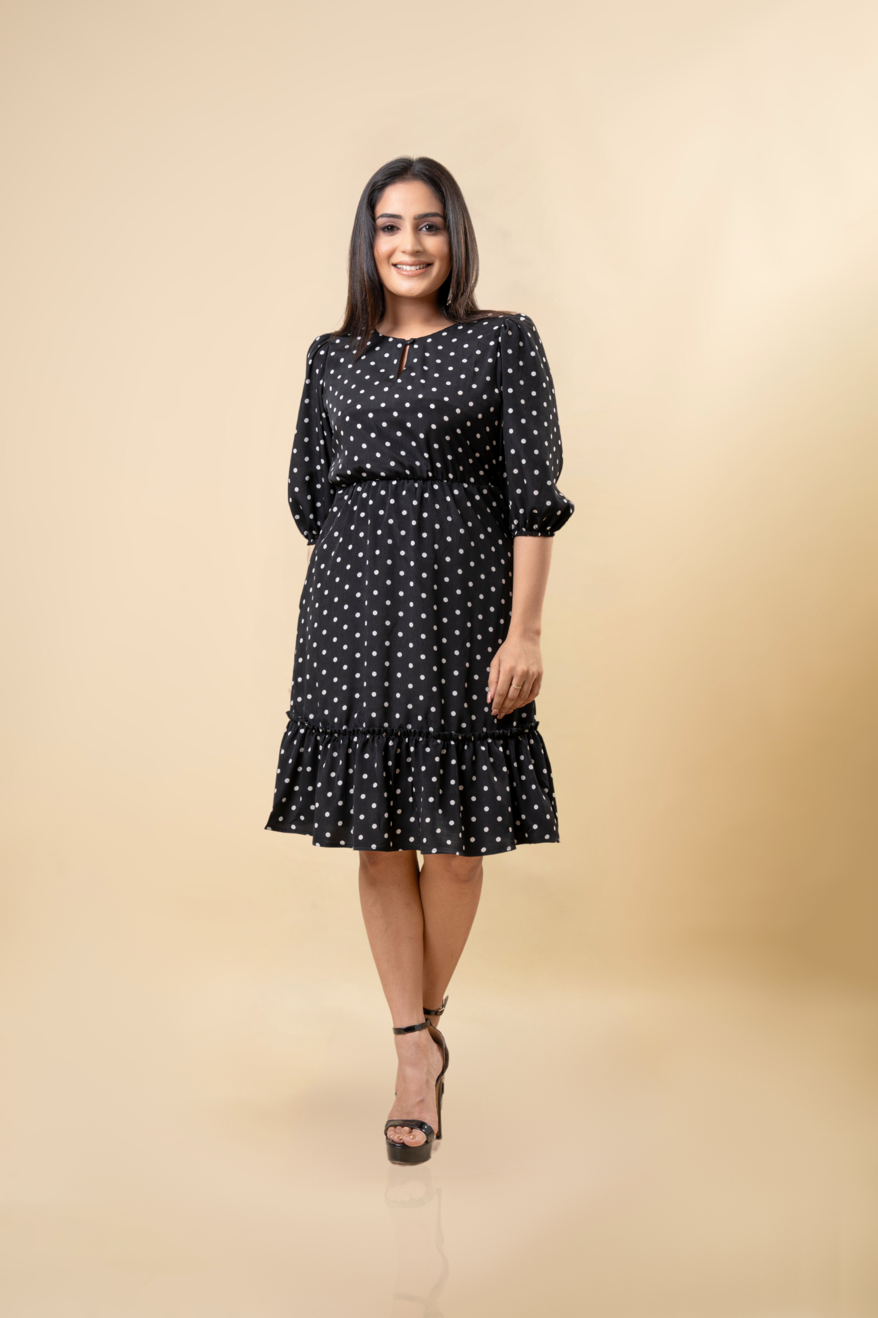 Polka Dot Frilled Hem Short Dress - Image 2