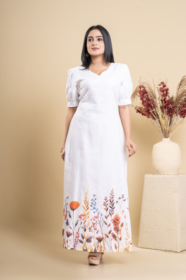 Floral Printed V Neck White Maxi Dress - Image 5
