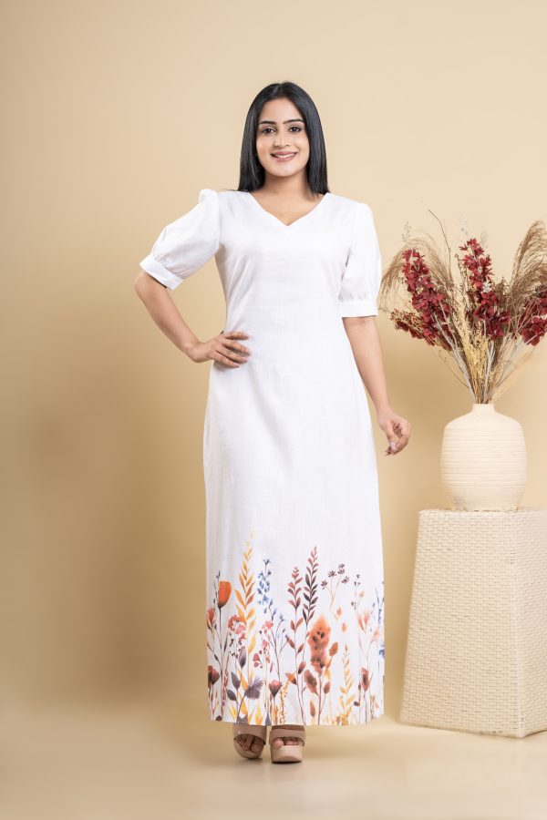 Floral Printed V Neck White Maxi Dress - Image 3