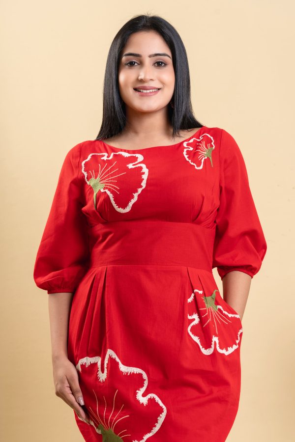 Floral Embroidered Pencil-Cut Midi Dress