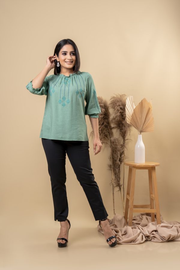 Line Embroidered Elasticated Sleeve Casual Top - Image 3