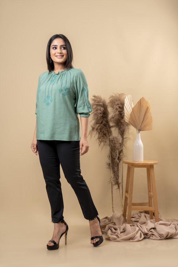 Line Embroidered Elasticated Sleeve Casual Top - Image 5