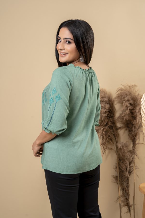 Line Embroidered Elasticated Sleeve Casual Top - Image 4
