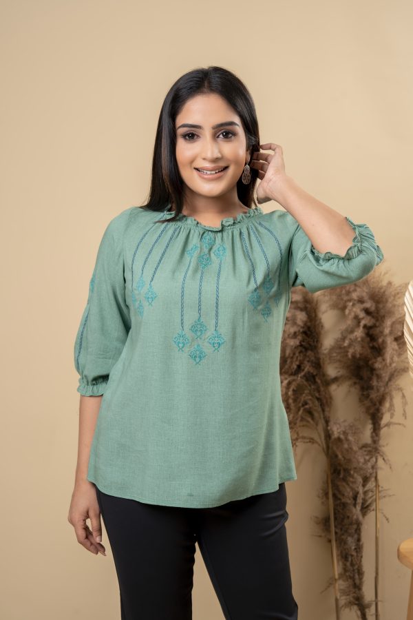 Line Embroidered Elasticated Sleeve Casual Top