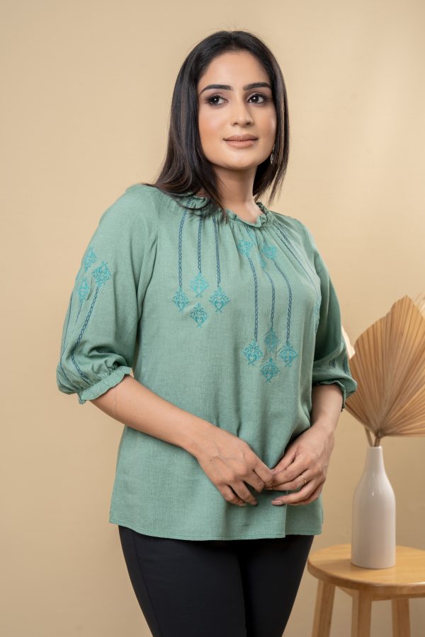 Line Embroidered Elasticated Sleeve Casual Top - Image 2