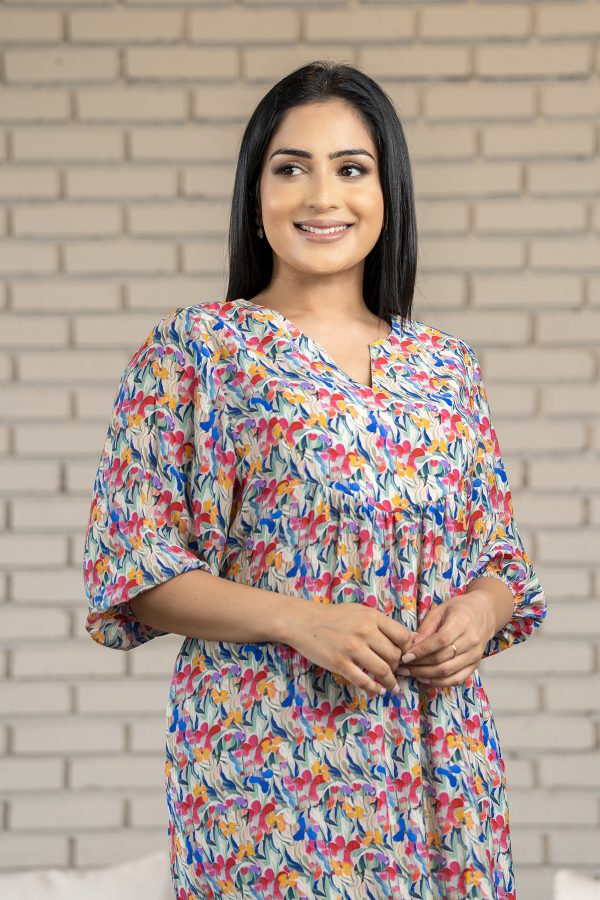 Floral Patterned Notch Necked Short Dress - Image 5