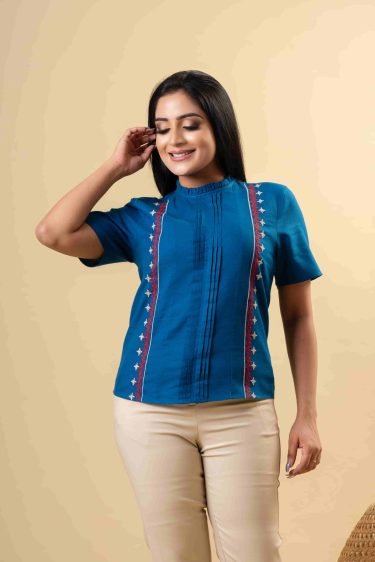 Embroidered pintuck detailed top