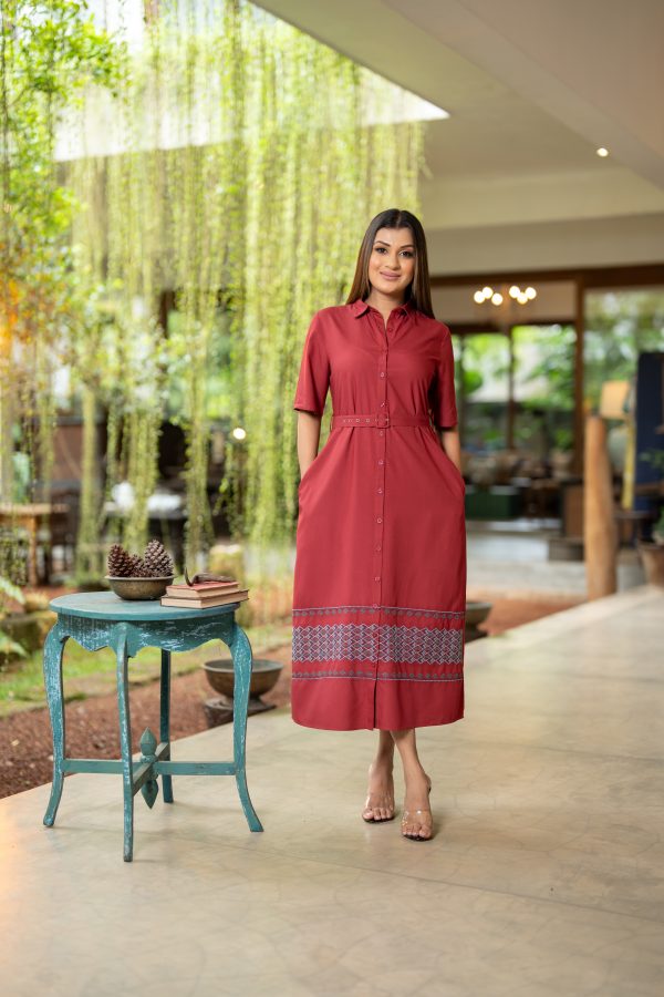 Geometric Embroidered Belt Detailed Midi Dress